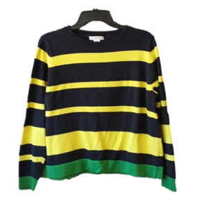 (h2-10) Navy, Lime Yellow, Green Block Striped Long Sleeve Sweater XL